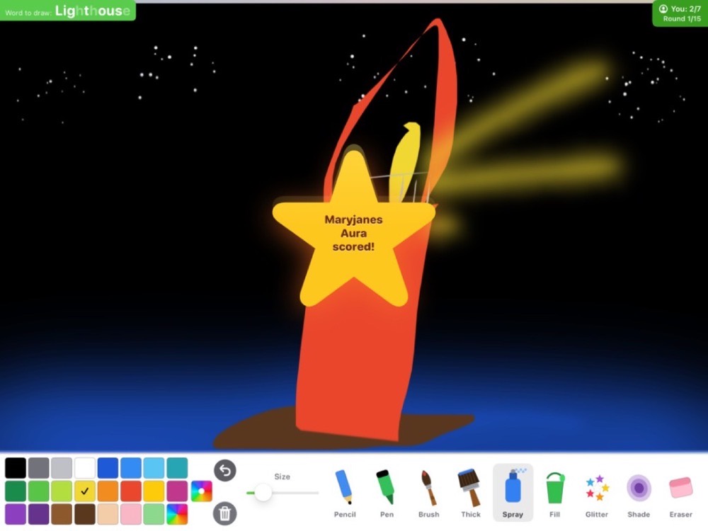 Art.ist gameplay — drawing a lighthouse with a score star overlay