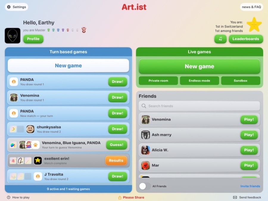 Art.ist home screen with turn-based games, live rooms, and friends