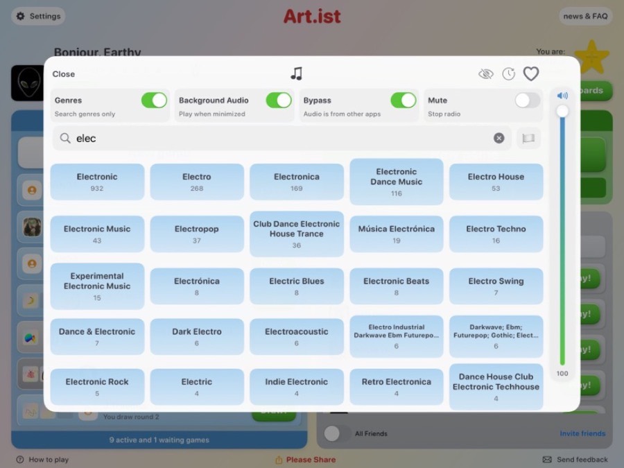 Art.ist radio menu with thousands of stations, genres, and audio passthrough