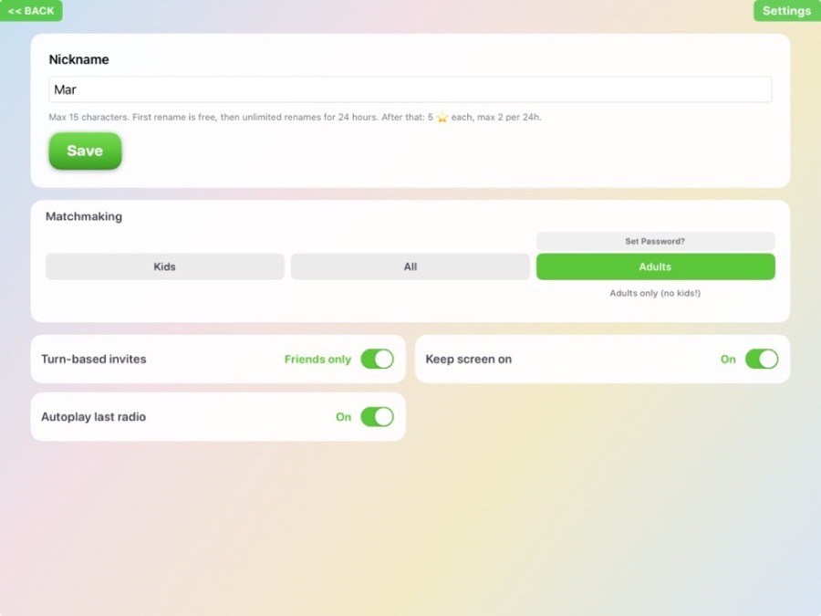 Art.ist settings with kids, all, and adults matchmaking, friends-only invites, and radio autoplay