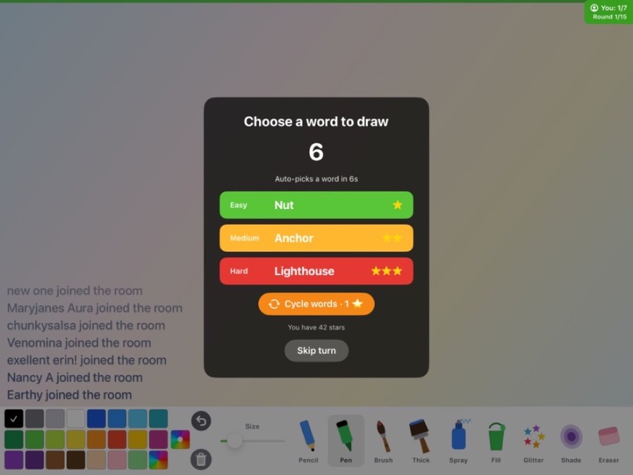 Choosing an easy, medium, or hard word to draw